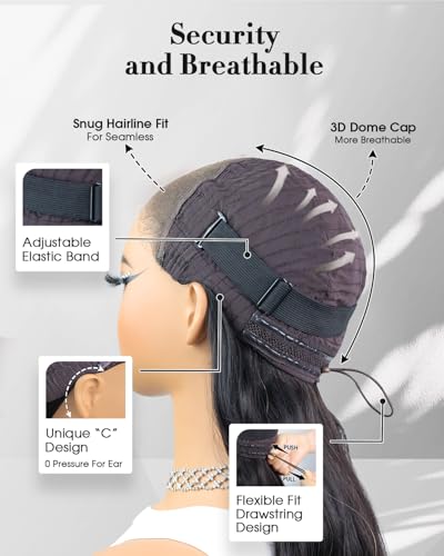 Image of Glueless Drawstring Wigs Human Hair Pre plucked Pre Cut, 6x4 HD Lace Front Wear and Go Glueless Wig Straight with Drawstring Straight for Women 200% Density 28 inch