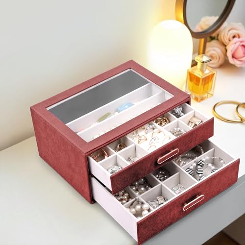 Image of BucketList Premium PU Leather Jewellery Organizer Box with Glass Lid | 2 Pull-Out Drawers Multi-Compartment Storage for Rings, Earrings, Necklaces & Bracelets (2-Layer Jewelry Box (Red))