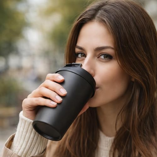 Image of Stvin 380ml Insulated Coffee Mug Travel, Stainless Steel Tumbler with Leak-Proof Lid, Reusable Thermal Cup for Hot & Cold Drinks, Car, Office, Camping & More (3rd Black)