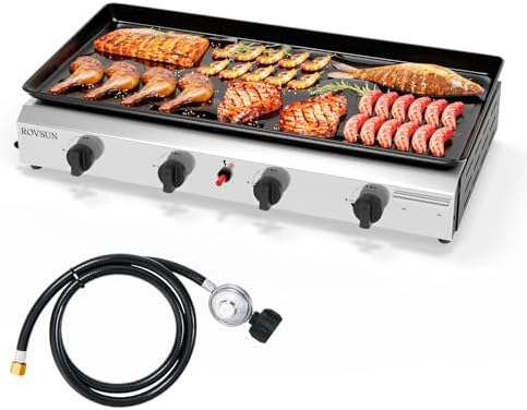 ROVSUN 4 Burner Portable Propane Griddle with Nonstick Enameled Tray, 40,000 BTU Tabletop Flat Top Gas Grill with Electronic Ignition & Regulator for Outdoor Cooking Camping BBQ Tailgating