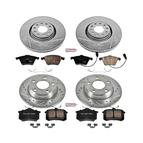 Image of PowerStop Front and Rear Brake Kit for Audi A6 Quattro 2002-04 - Drilled and Slotted Disc Rotors with Carbon-Fiber Ceramic Brake Pads Replacement, K893