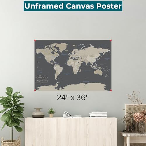 Image of Neutral World Push Pin Map Poster on Canvas - Personalized Travel Tracker Map - Large 24 inch x 36 inch - World Wall Art