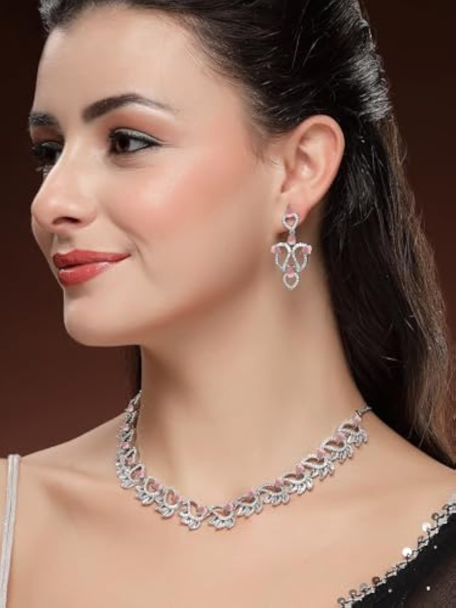 Silver-Plated Leaf Motif American Diamond Jewellery Set