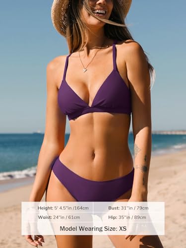 CUPSHE Bikini Set for Women Two Piece Swimsuits V Neck Low Rise Crisscross Back Self Tie Spaghetti Straps,M Grape Purple