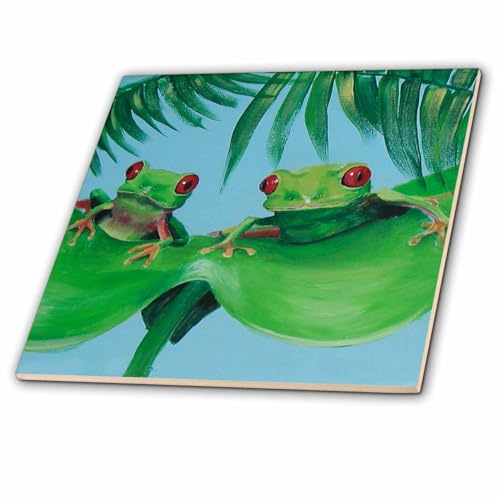 3dRose ct_44372_3 2 Tree Frogs on a Big Palm Leaf-Ceramic Tile, 8-Inch