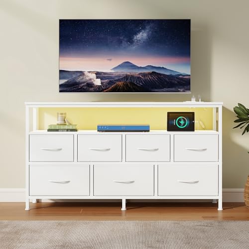 SONGMICS BELLAH Collection - Commode Chambre, Meuble de Rangement, Éclairage LED Réglable, Multiprise, 1 Étagère, 7 Tiroirs en Tissus, Style Moderne, Blanc Nuage LGS733WH01
