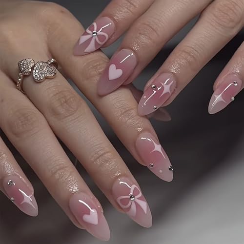 Press on Nails Medium Almond Fake Nails with Heart Bow Rhinestones Designs Glossy Glue on Nails Pink Acrylic Nails Stick on Nails for Women 24Pcs