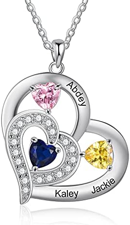 Personalised Necklace for Women Customised Heart Pendant Necklace with 1-6 Simulated Birthstone Anniversary Birthday Mother's Day Jewellery Gifts for Mum Her for Girlfriend