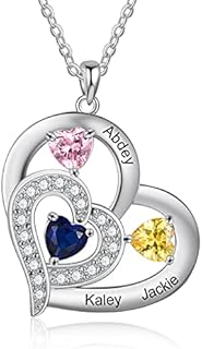 Personalised Necklace for Women Customised Heart Pendant Necklace with 1-6 Simulated Birthstone Anniversary Birthday Mother's Day Jewellery Gifts for Mum Her for Girlfriend