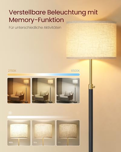 VASAGLE Stehleuchte, Standleuchte, Stehlampe, höhenverstellbar, 140-170 cm hoch, modern, mit Fußtaster, Lampenschirm aus Stoff, E27 Fassung, Fernbedienung, Memory-Funktion, gold-schwarz LFL005BD02