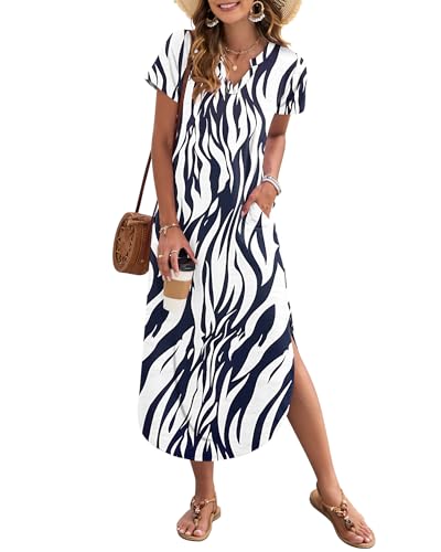 Image of MISFAY Women's Summer Maxi Dress 2026 Casual Short Sleeves V Neck Loose Sundress Split Long Beach T Shirt Dress