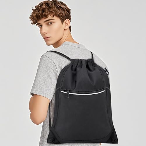 HOLYLUCK Drawstring Backpack Small Gym Bag with Mesh Pockets String Bag Backpack for Men Women, Black2