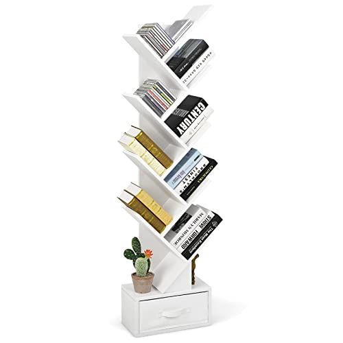 GIANTEX Bücherregal 10 Ebenen mit Schublade, Baum Bücherregal CD DVD Regal, Standregal in Baumform, Raumteiler Aktenregal Aufbewahrungregal Holz, freistehendes Holzregal 38x20x149,5 cm Weiß