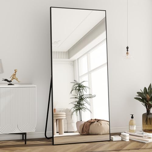 Image of BEAUTYPEAK Full Length Mirror with Stand, 65 inchx24 inch Floor Mirror with Aluminum Alloy Thin Frame, ShatterVue Tempered Full Body Mirrors, Free Standing or Wall-Mounted Mirrors for Living Room, Black