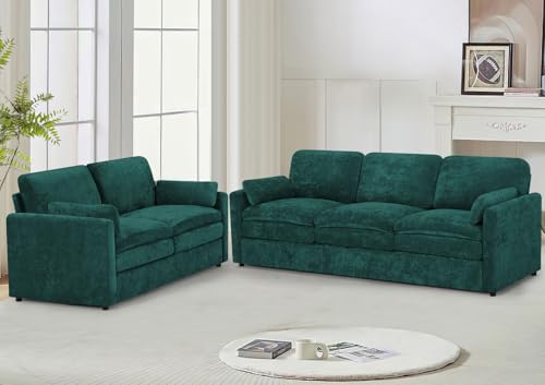 Lesofair 2 Pieces Chenille Couch Set with Well-Filled Pillows, Modern 3 Seats and 2 Seats Sofa with Soft Backrests, Classic Upholstered Sectional Couch with Thickened Cushions for Living Room, Teal