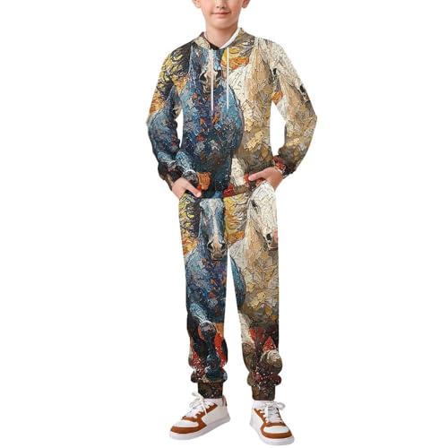 Boy Girl Clothes Outfits Kids Long Sleeve with Pants 2PCS Clothing Set, Western Horses Runing Art