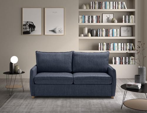 EVERGREENWEB - Divano Letto a 2 Posti con Materasso Memory 140x190, Sofà Soggiorno con Piedi in Legno Design Moderno, Struttura Rinforzata Pieghevole, Tessuto Blu Antimacchia, Cuscini Estraibili GRACE