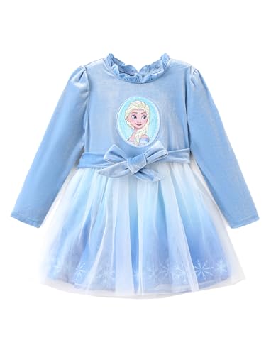 Disney Frozen Elsa Dress Toddler Girls A-Line Long Sleeve Velvet Bow Double-Layered Tulle Dresses Winter Fall Clothes Birthday Party Outfit 4-5T
