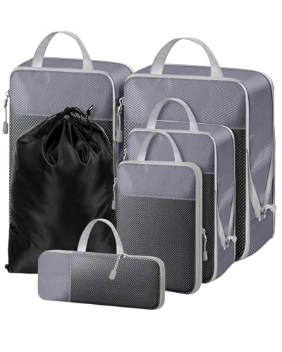 NMNGB Kompressions-Packwürfel für Handgepäck-Koffer 6er-Set Reisegepäck-Packorganizer-Tasche mit Netz erweiterbare Reisetasche Multifunktions-Organizer Grau
