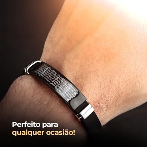 Pulseira Masculina Pai Nosso Aço Preta Bracelete Premium Oração
