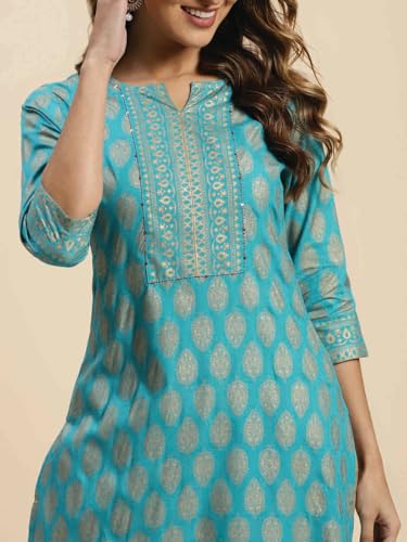 Image of rangita Women Rayon Regular Fit Turquoise Knee Length Printed Straight Kurti | Kurta