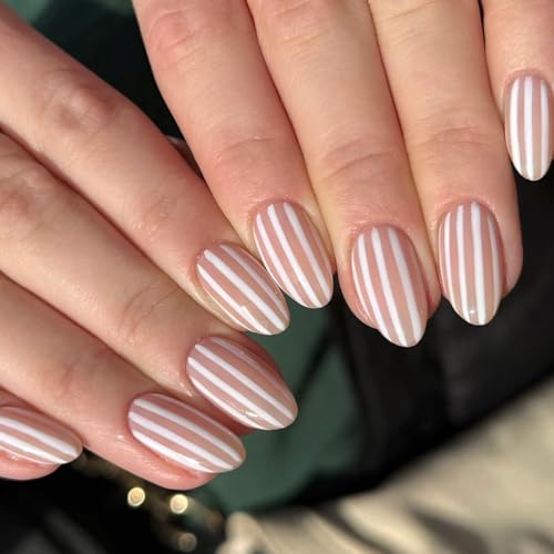 HPYFOI Short Press on Nails Almond - White Striped Fake Nails