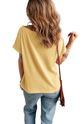 KINLONSAIR Women's Waffle Short Sleeve T Shirt Casual Loose Boat Neck Summer Tee Tops4