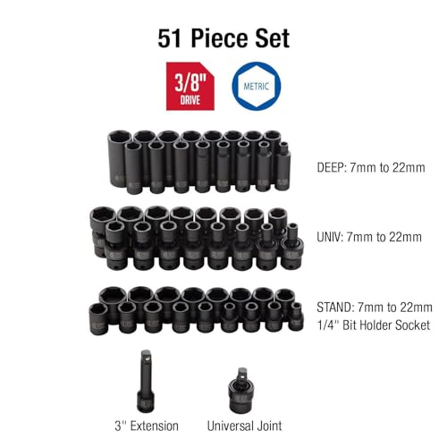 Image of SUNEX TOOLS 3351, 3 /8 Inch Drive Impact Socket Set, 51-Piece, Metric, 7mm - 22mm, Standard /Deep / Universal, Cr-Mo Steel, Radius Corner Design, Heavy Duty Storage Case, Meets ANSI Standards