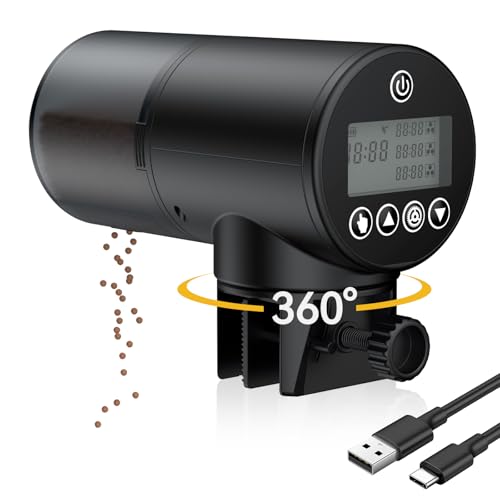 Pawfly Automatic Fish Feeder for Aquarium USB Rechargeable Vacation Timer Fish Feeder for Fish Tank 200 ml Adjustable Auto Fish Food Dispenser for Pellets Flakes & Strips