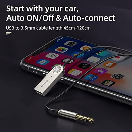 Baseus Car Bluetooth Aux Adapter, Bluetooth 5.0 Wireless Receiver USB to 3.5mm Jack Adapter Bluetooth Car Kits with Built-in Microphone for Handsfree Car Audio Speaker and Home Audio