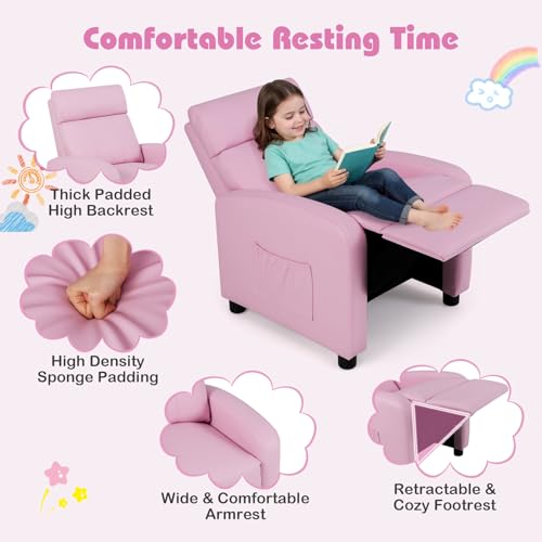 Image of Costzon Kids Recliner, Adjustable PU Leather Lounge Chair w /Side Pockets, Footrest, Headrest for Kids Room&Play Room, Easy to Clean, Padded Pink Recliner Sofa for Children Boys Girls Aged 3-12 (Pink)