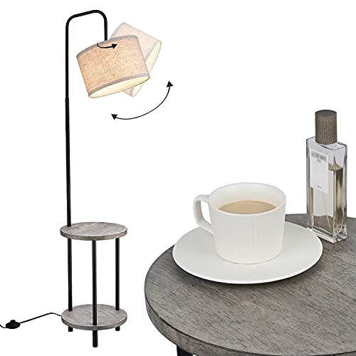 ELYONA Wood Floor Lamp - Rustic Side Table Lamp for Bedroom & Living Room - Mid Century Modern Floor Lamp with End Table for Farmhouse - Industrial Tall Pole Reading Standing Light for Office - Grey