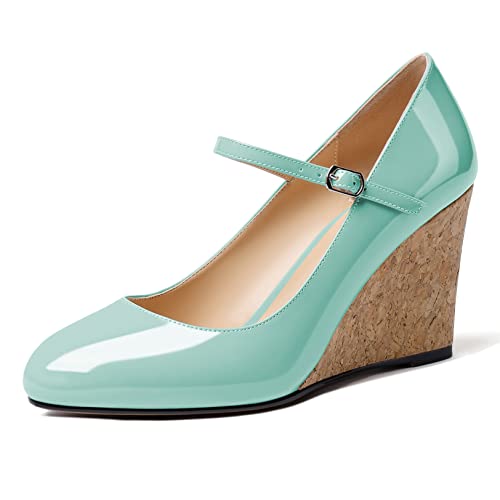 Mettesally Women's Wedge Heel Pumps Cork High Heels Round Closed Toe Mary Jane Strappy Party Office Shoes