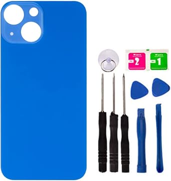 Back Glass Replacement for iPhone 13, Replacement Battery Back Glass Cover with Pre-Installed Tape and Repair Tools No Logo Logo Large Hole Blue