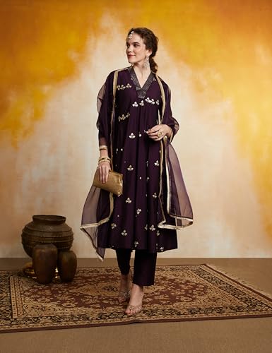 Image of Amazon Brand - Myx Women's Embroidered Kalidar Kurta Pant Set with Organza Dupatta (Available in Plus Sizes)