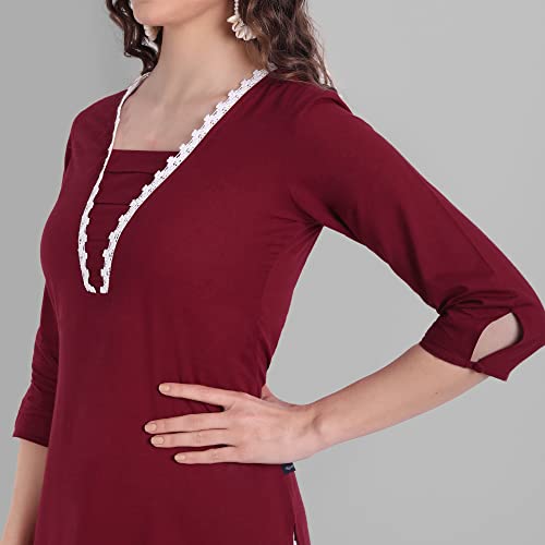 Image of Cotton Casual Maroon Solid Kurta for Girls and Women in 45 Inch Length