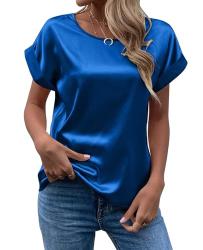 MINTLIMIT Blusa de seda satinada de manga corta para mujer, cuello redondo enrollado, camisa casual de verano para oficina 2024, 939#azul, L