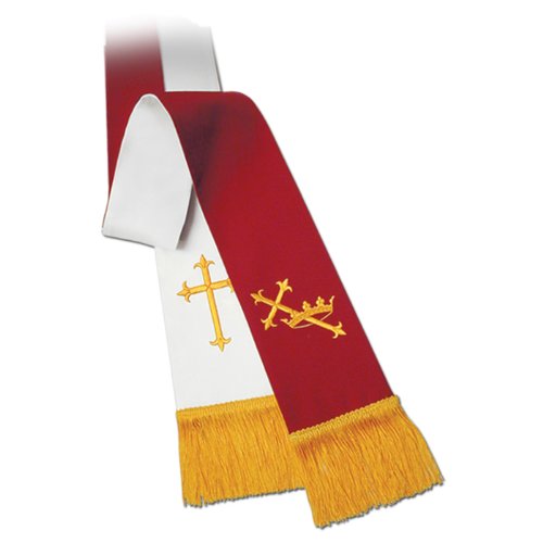 Clergy Stole - Reversible Red / White W/Cross & Crown Symbol