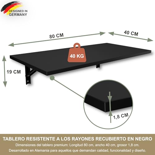 KDR Mesa Plegable de Pared Tablero de Escritorio 80x40 cm en Negro Mesa de Comedor Plegable Mesa de Cocina para la Pared Mesa de Bar Mesa de Pared - imagen 2