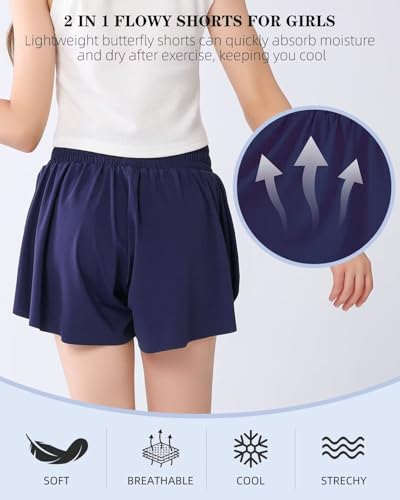 Girls Flowy Shorts with Spandex Liner,2 in 1 Butterfly Shorts Teen Girls with Pockets for Sports，Running，Athletic4