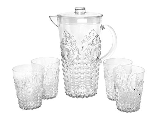 Break Resistant"Dew Drop" Clear Plastic Pitcher with Lid and 4 Tumbler Glasses Drinkware Set - Perfect for Iced Tea, Sangria, Lemonade (82 fl oz. pitcher - 14.5 fl oz. glasses) Break Resistant"Dew Drop" Clear Plastic Pitcher with Lid and 4 Tumbler Glasses Drinkware Set - Perfect for Iced Tea, Sangria, Lemonade (82 fl oz. pitcher - 14.5 fl oz. glasses)