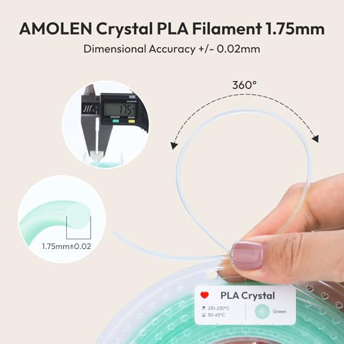Image of AMOLEN 3D Printer Filament Crystal PLA Translucent Bundle, Transparent PLA 1.75mm, NO-Tangle Low Warping, Dimensional Accuracy+ /-0.02 mm, Fits Most FDM 3D Printers, 200gx4 Pack, Green+Pink+Orange+Blue