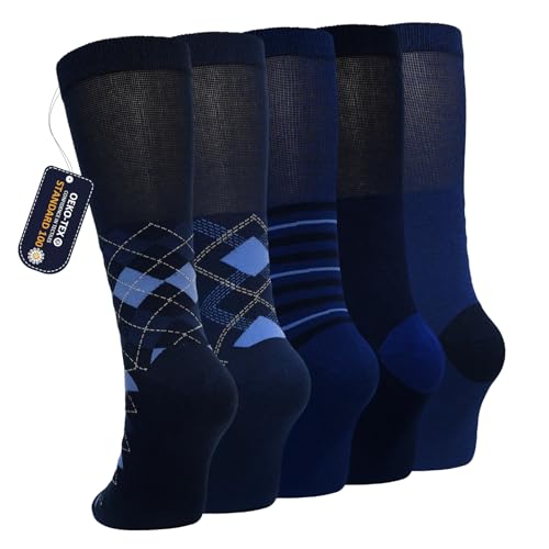 ZFSOCK Herrensocken Business Kniestrümpfe aus Baumwolle: Atmungsaktive Socken Herren Damen ohne Gummi & Naht und Verstärkte Ferse & Zehe für Büro Valentinstag Hochzeit Freizeit 5 Paar Dunkelblau 43-46