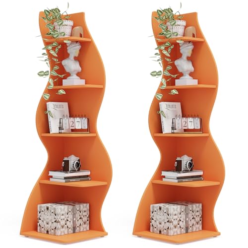 Image of Tribesigns Corner Shelf, Modern 5-Tier Wall Corner Bookshelf, Stylish Corner Small Bookcase Storage Rack Plant Stand with Unique Shape for Living Room, Home Office (Orange, 2PCS)