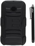 Moto E (1st Gen.) Case, E LV Motorola Moto E (1st Gen.) Case Cover Rugged Armor Shell Holster Case with Kick-Stand Belt Swivel Clip for Moto E (1st Gen.) XT1021 / XT1022 / XT1025 with 1 E LV Stylus [NOT COMPATIBLE WITH MOTO E (2ND. GEN.) - BLACK