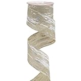 MEEDEE 2-1/2 Inch White and Silver Glitter on Natural Burlap Birch Bark Wired Ribbon - 10 Yard Roll Bark Christmas Ribbon for Gift Wrapping, Christmas Tree, Wreath Supplies, Rustic Home Decor