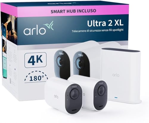 Arlo Ultra 2 XL Telecamera WiFi Esterno Senza Fili, Telecamera WiFi Interno, 4K, Sirena Allarme Casa, Sensore Di Movimento, Audio Bidirezionale, Prova Arlo Secure Inclusa, 2 Telecamere, Bianche
