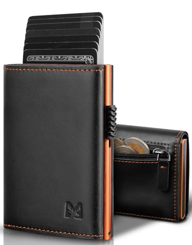 MYSHION Pop Up Wallet for Men with Coin Pocket Trifold Wallets with ID Window Smart RFID Blocking Card Holder with 6 Slot for Up to 11 Cards (Black Orange)