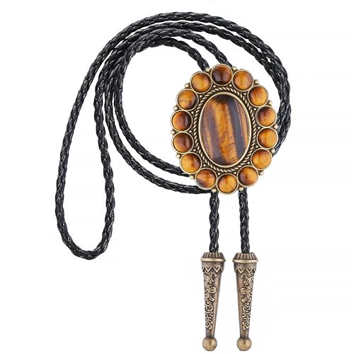 Image of GelConnie Bolo Tie for Men Women Western Cowboy Turquoise Leather Necktie | Natural Stone Bolo Tie Necklace for Women Rodeo Cowboy Leather Necktie Native American Western Cowgirl Ties Adjustable Cord