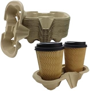 Signature Coffee Carriers 2 Cup Holders (105 Pack) Biodegradable Drink Carrier - Molded Pulp Fibre Cup Holder Tray for Take-Away Restaurants Shops and Cafes - Strong and Sturdy To-Go Drink Tray